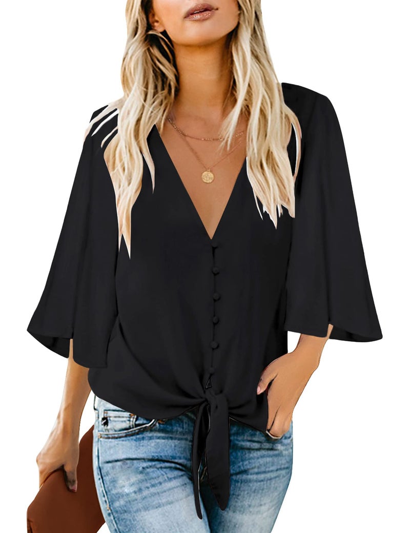 luvamia Women's V Neck Tops Ruffle 3/4 Sleeve Tie Knot Blouses Button Down Shirts, Black Button Down Size S - Image 1